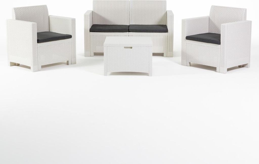 Garten-Loungeset aus Rattanoptik-Harz mit 2-Sitzer-Sofa, 2 Sesseln und Aufbewahrungstisch – leicht, pflegeleicht und mit abnehmbaren Kissen, idea...