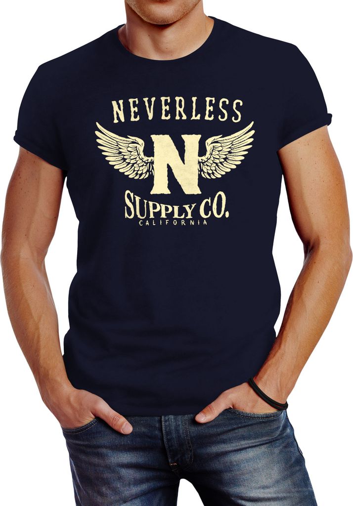Herren T-Shirt Neverless Supply Adler Wings Slim Fit Neverless navy XS