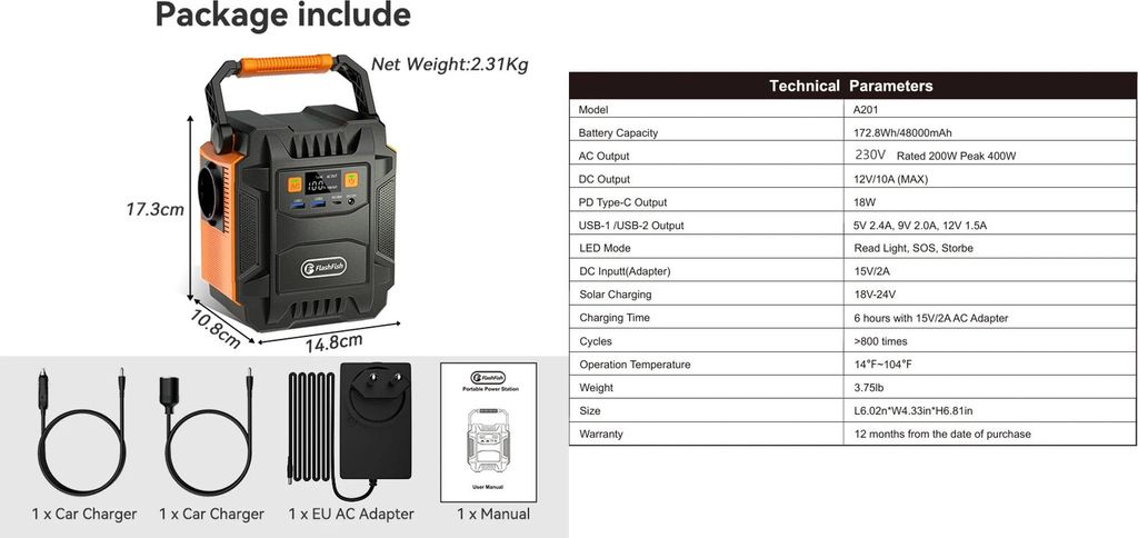 Tragbare Powerstation - A201 Solargenerator - 200W, 172,8Wh, 230V AC EU-Steckdose, USB‐C PD 18W, 12V DC, LED-Licht