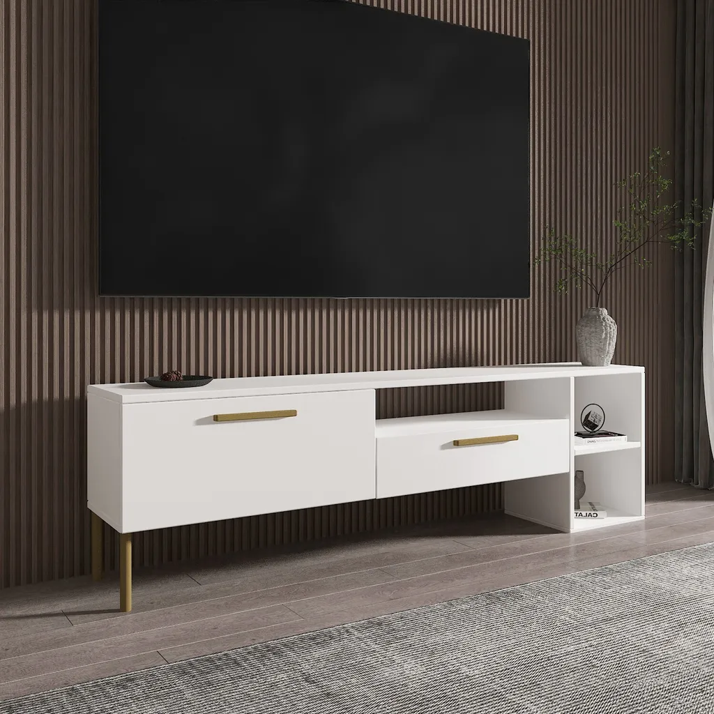 Table TV en Mélamine Blanche Parion 150cm Haute Résistance Skye Decor