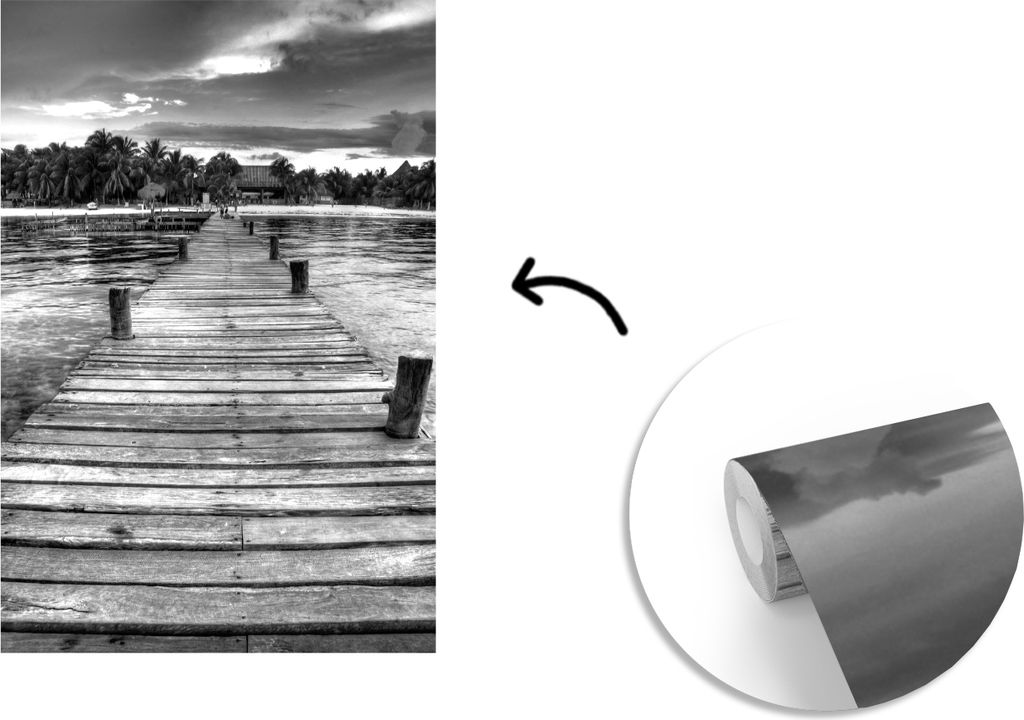 MuchoWow Fototapete für Wohnzimmer oder Schlafzimmer Wandtapete Vinyl Motivtapete Blick auf den Pier der Isla Mujeres - Schwarz und weiß - 150x...