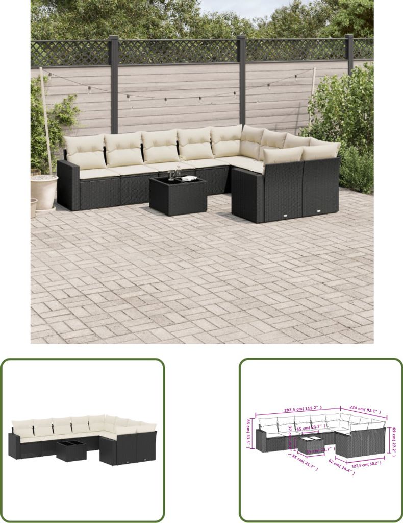 The Living Store 10-tlg. Garten-Sofagarnitur mit Kissen Schwarz Poly Rattan