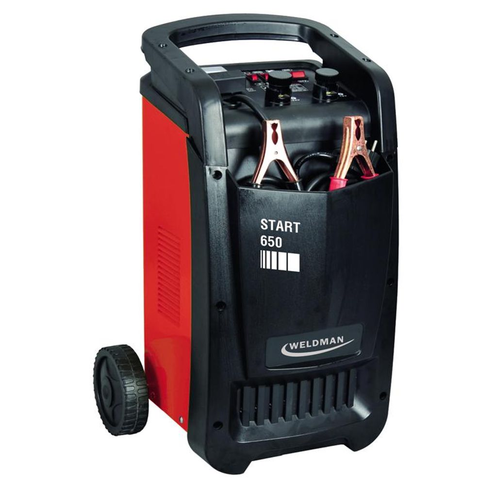 A red and black battery charger with jumper cables is shown against a white background.