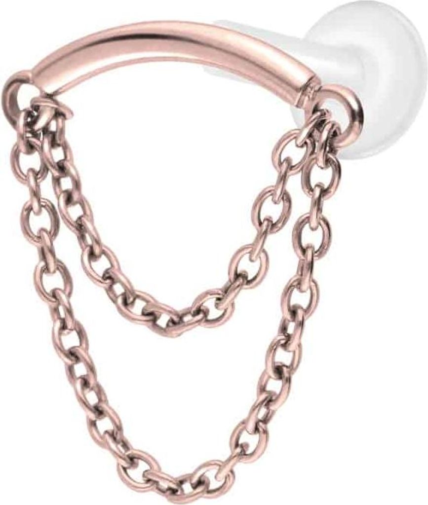 Ohrpiercing, Nasenpiercing PTFE Labret mit Innengewinde + Titan-Aufsatz BOGEN + 2 KETTEN RoséGold Stablänge: 7mm | Stabstärke: 1,6mm
