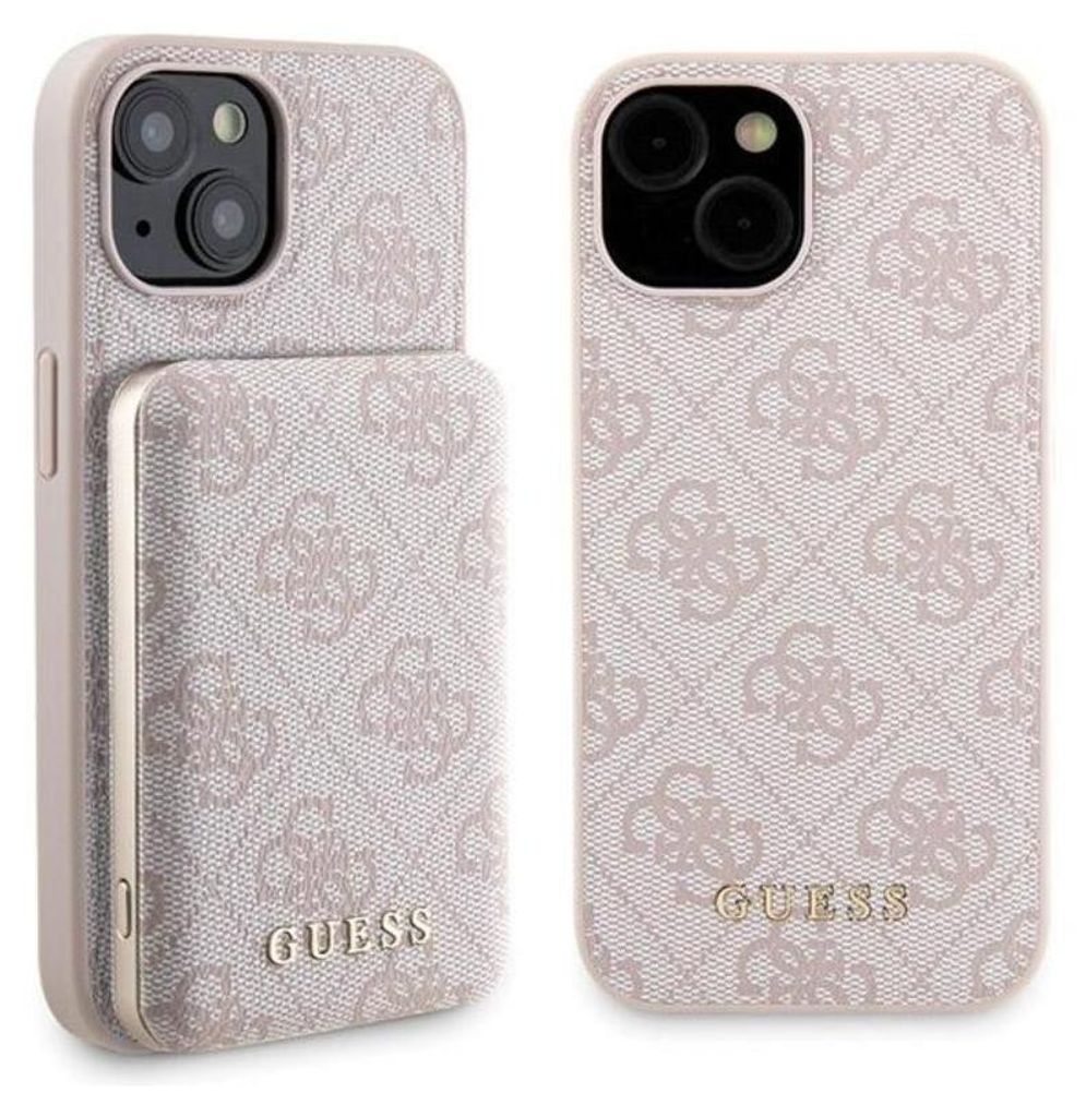 Two views of a pink iPhone case with a repeating Guess logo pattern and a gold Guess logo. One view shows the back of the case with the camera cutout, and the other shows the side profile of the case attached to a power bank.