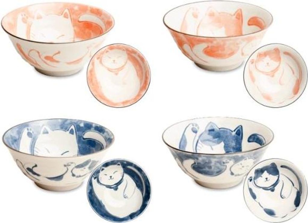 Emro Aziatica | Set Von 4 Japanischen Schalen - Rosa Und Blau - 14,5 Cm X 6,5 Cm - Spülmaschinenfest