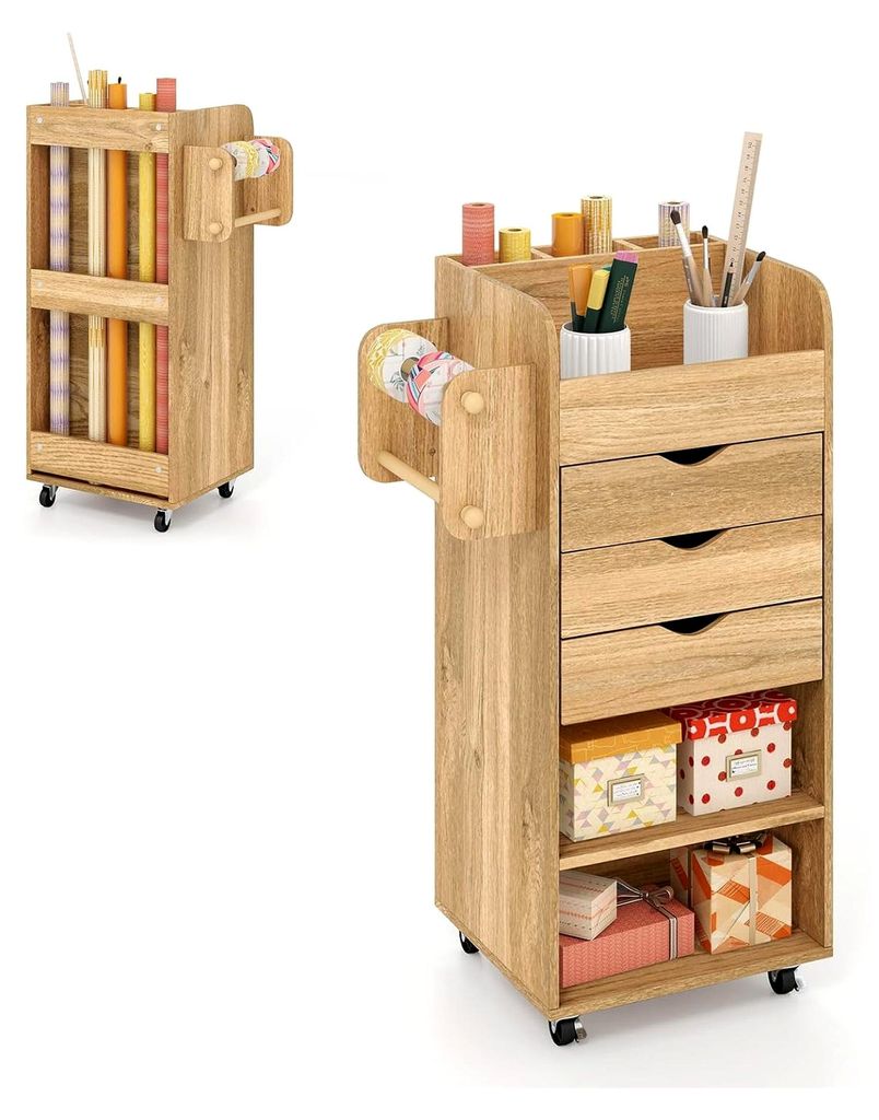 Rollcontainer mit 3 Schubladen, Bastelwagen mit 2 Rollstangen und 3 Fächern, Schubladenschrank aus Holz auf Rollen, Mehrzweckwagen für Büro und ...