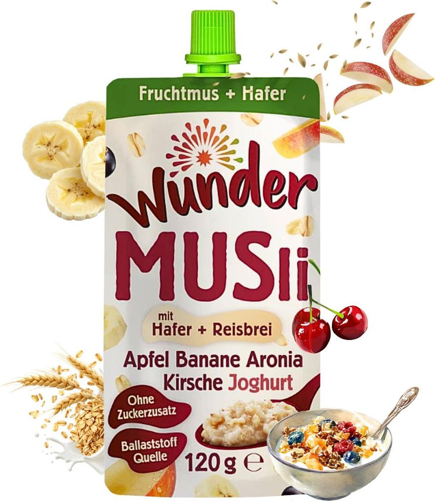 WUNDER Quetschie Müsli Apfel-Banane-Aronia-Kirsche-Joghurt 12 x 120g Hafer und Reisbrei