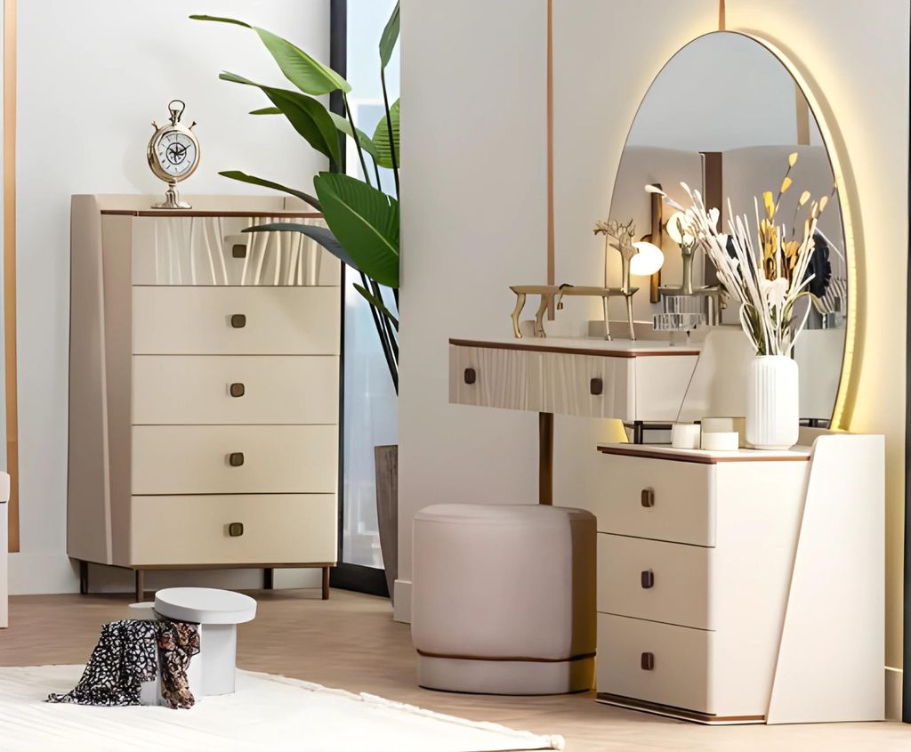 Gruppe Kommode Schminktisch Puff Schrank Konsole Holz Beige Frisiertisch