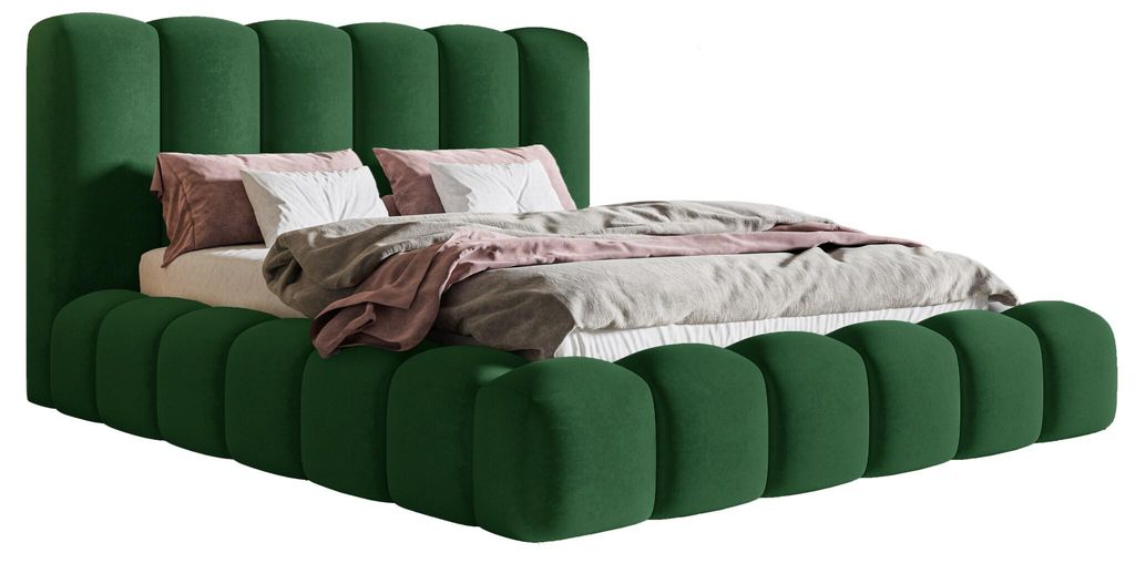 Polsterbett 140x200 cm Madeno - Schlafzimmer, Doppelbett 140x200 - Bettkasten, Metall-Lattenrost, Dicker Schaum - Samt Grün