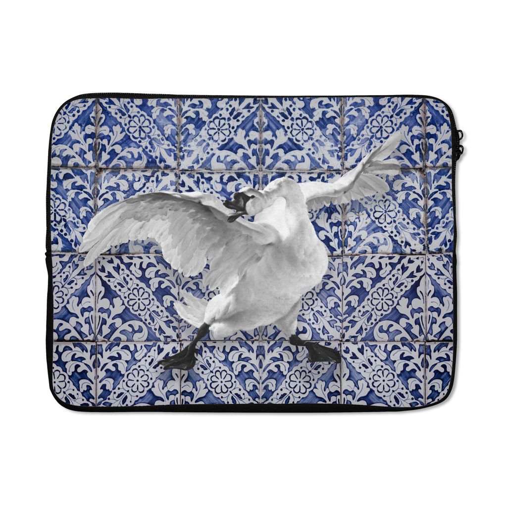 MuchoWow Laptop Hülle 17 Zoll Laptoptasche Schwan - Kunst - Delfter Blau - Malerei - Alte Meister - Zipper - Schutzabdeckung