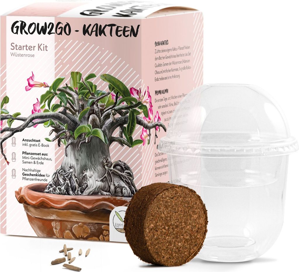 GROW2GO Kakteen Starter Kit Anzuchtset - Pflanzset aus Mini-Gewächshaus, Kaktus Samen & Erde (Wüstenrose)