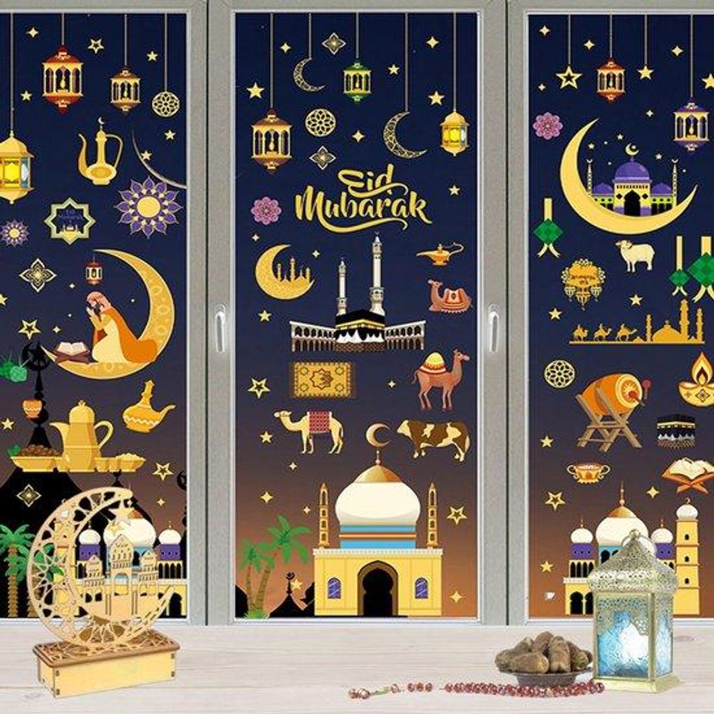 Ramadan Raamdeko, 9 Stk Eid Mubarak Deko, Selbstklebende Raamsticker, Dekoration für Moslem, Halbmond Sticker, Deko für Zuhause