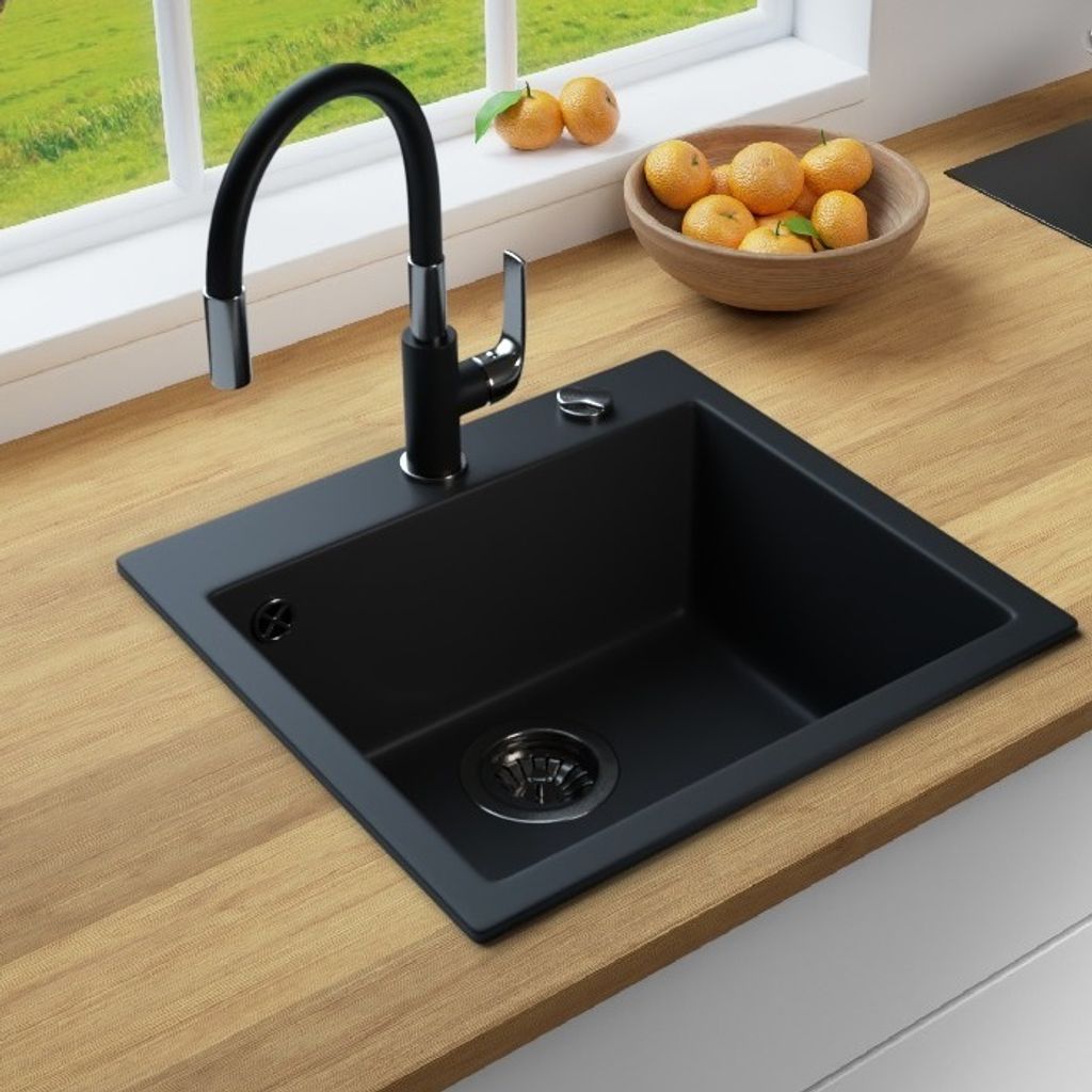 MIT ARMATUR - Rein Schwarz LINDBERGH Antibakterielle Granit Spüle "COL44" + "1-Tubo" Einbauspüle Küchenspüle Spülbecken