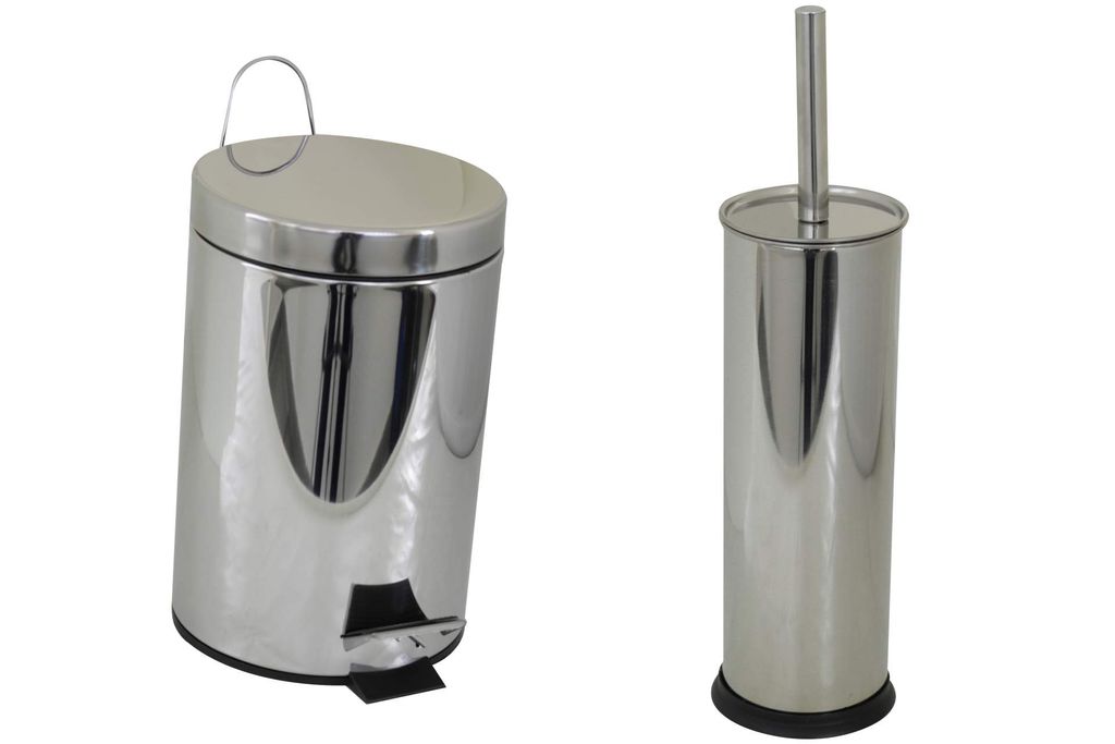 A silver pedal bin and a silver toilet brush holder are shown against a white background.