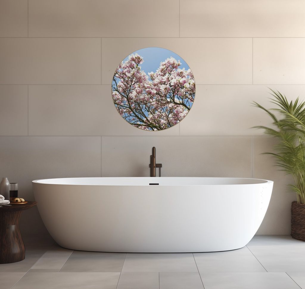 Wallario wasserfestes Poster selbstklebend 60 x 60 cm, Schöne rosa Magnolien-Blüten vor blauem Himmel, Badezimmerposter Spritzschutz mit Hochglan...
