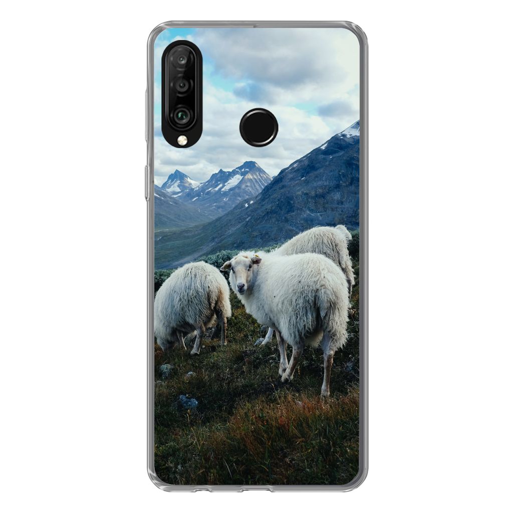 MuchoWow Handyhülle Schutzhülle Hülle für Huawei P30 Lite Schafe - Natur - Berge Silikon Softcase Handy Hülle - Handyhülle