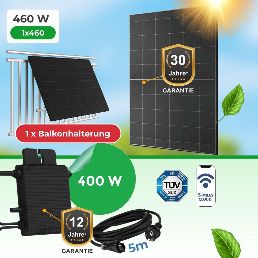 Balkonkraftwerk 460 W mit Hoymiles HM-400 Wechselrichter Premium 460 W Glas-Glas Black Frame Modul (bifazial) inkl. Balkonhalterung