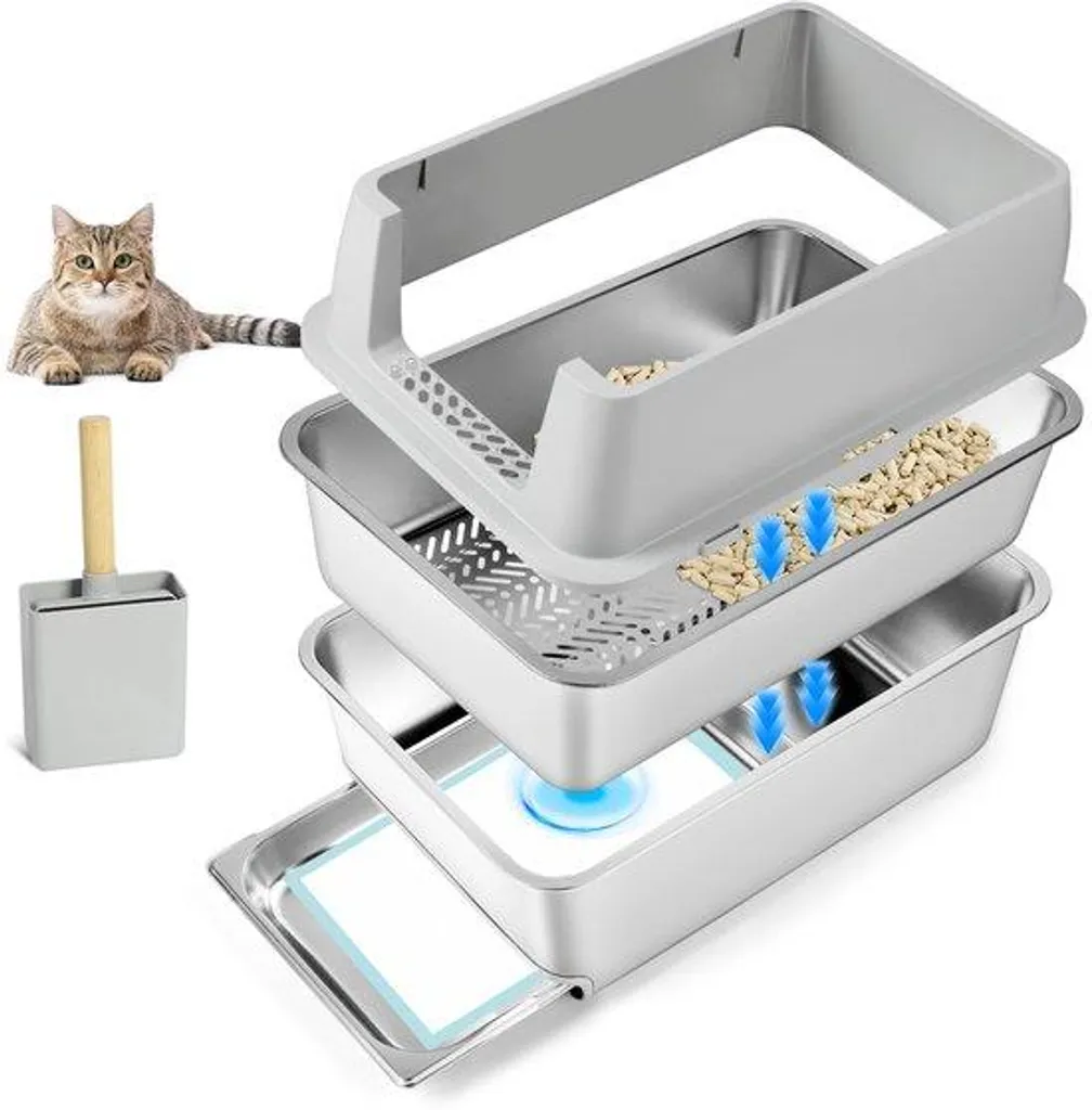Bac à litière inox pour chat facile à nettoyer avec tamis séparateur