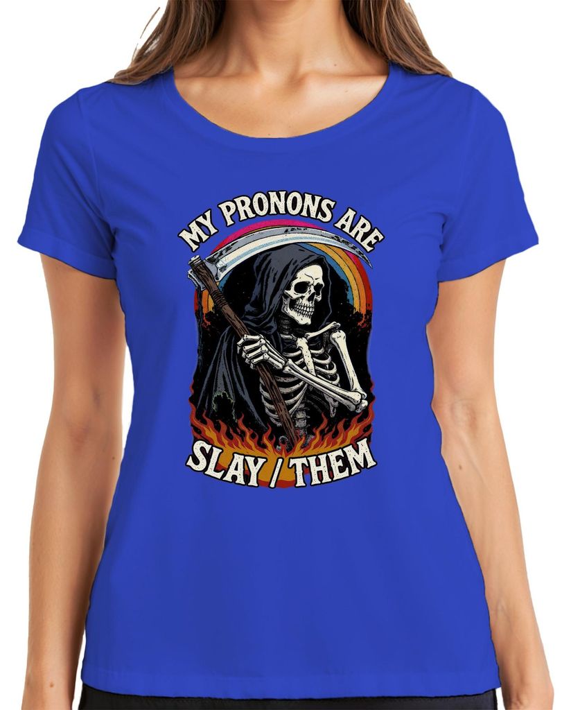 Sensenmann Skelett Pride My Pronons Are Slay Them Gothic Damen T-Shirt, Blau, 3XL