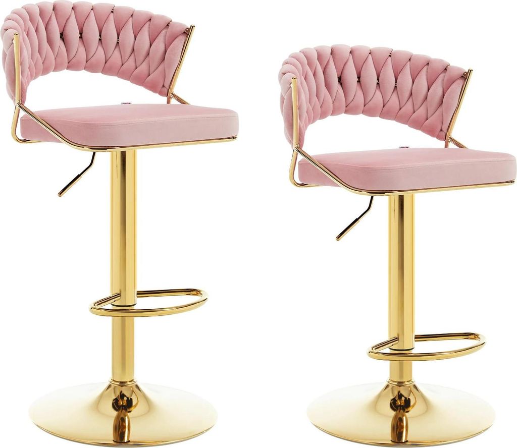 Barhocker 2er-Set - Samt-Barstuhl - Höhenverstellbar, Drehbar 360°, Mit Rückenlehne, Metallgestell, Größe 46,5×48×98 cm - Hellgrau