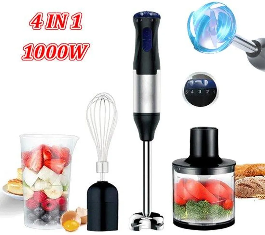 Mixeur plongeant 1000 W 4-en-1 en acier inoxydable haute performance