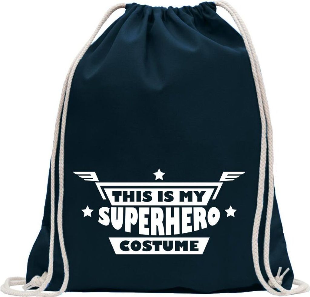 Kiwistar - Turnbeutel - dunkelblau - This is My Superhero Costume - Fun Rucksack Sport Beutel Gymsack Baumwolle mit Ziehgurt