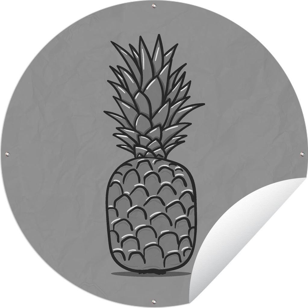 MuchoWow Gartenposter Outdoor-Poster Rund Illustration einer Ananas vor einem hellblauen Hintergrund - schwarz und weiß Ø 60 cm Gartendeko Rund...