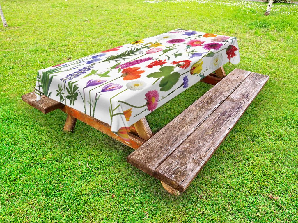 ABAKUHAUS Blume Tischdecke Outdoor, Arten der Blumen klare farbige Rosen-Tulpe-Gänseblümchen-Hortensien-Flieder-Grafik-Druck, Mehrfarbig, 145x265cm
