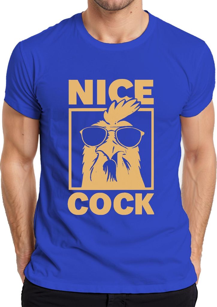 Nice Cock lustiger Hahn Sonnenbrille Bauernhof Geschenk Retro Herren T-Shirt, Blau, M