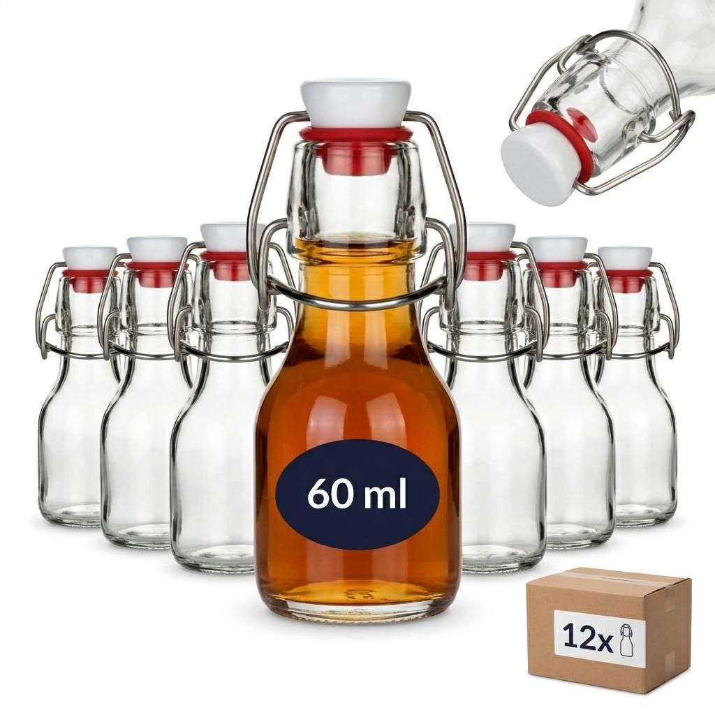 set di 24 bottiglie di vetro rotonde da 60 ml con tappo a Immagine del prodotto 