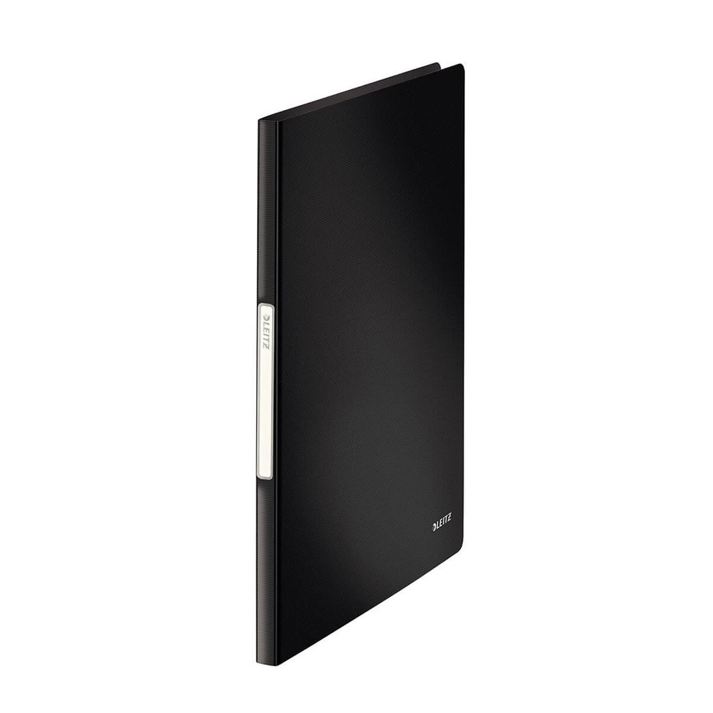 A black binder is shown against a white background.