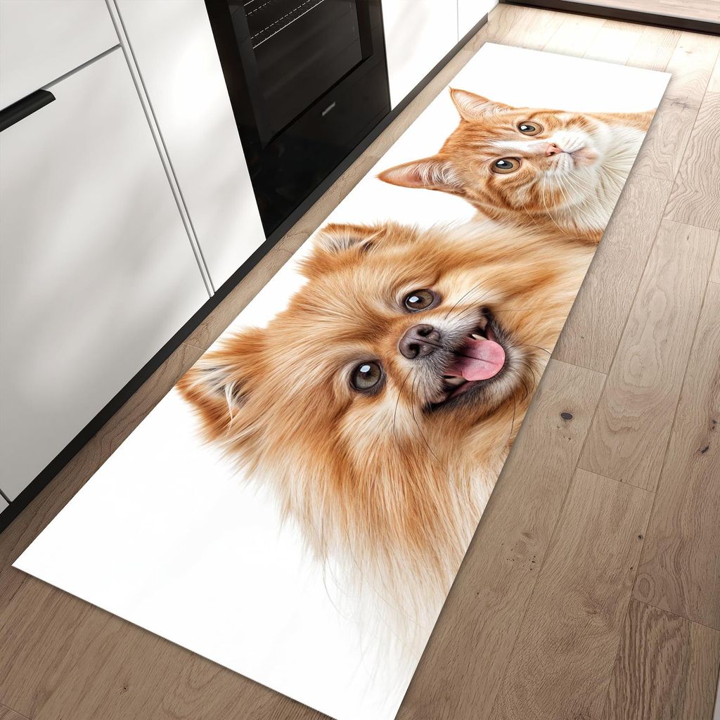 Küchenteppich 80x250cm rutschfest & abwischbar PVC Läufer - Hund und Katze