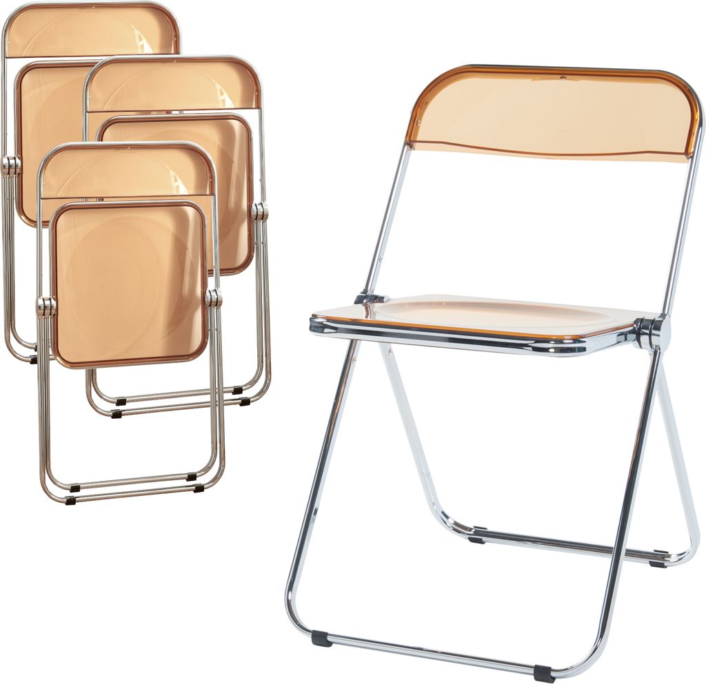 A set of four transparent orange folding chairs, with one chair shown open and the others stacked and folded.