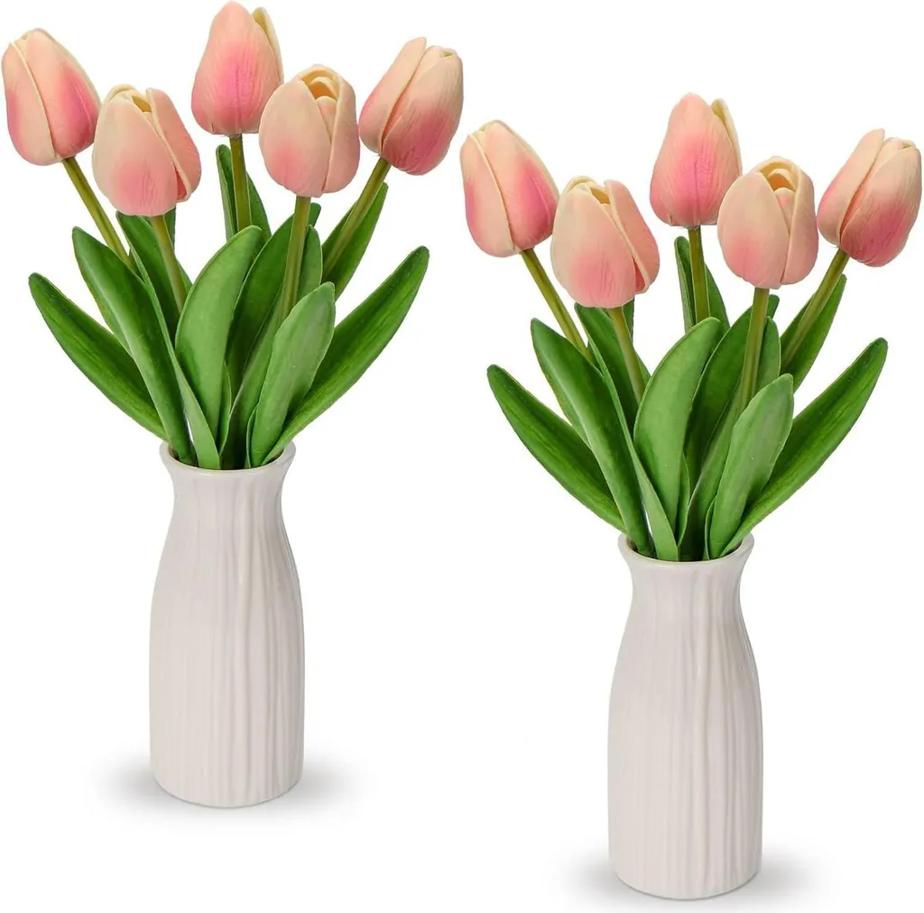 Fleurs Artificielles Tulipes sans Entretien avec Vase Rose Toucher Réel