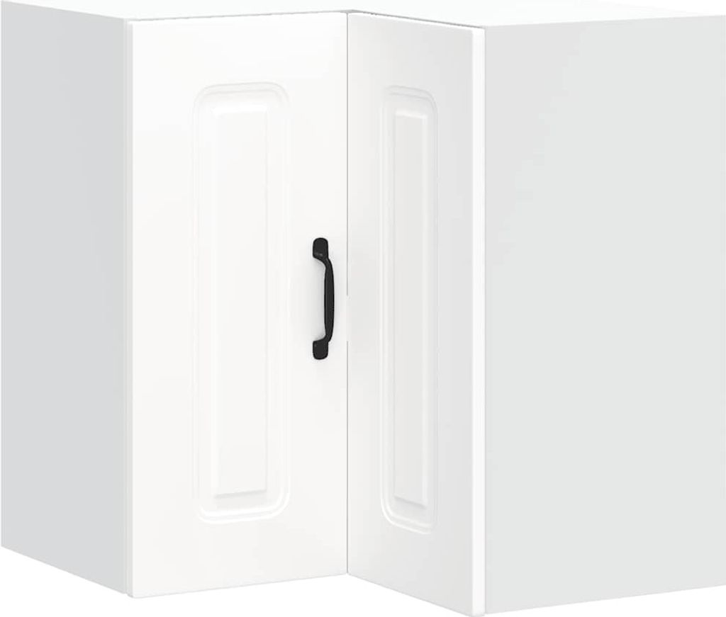 A white corner kitchen cabinet with a black handle.