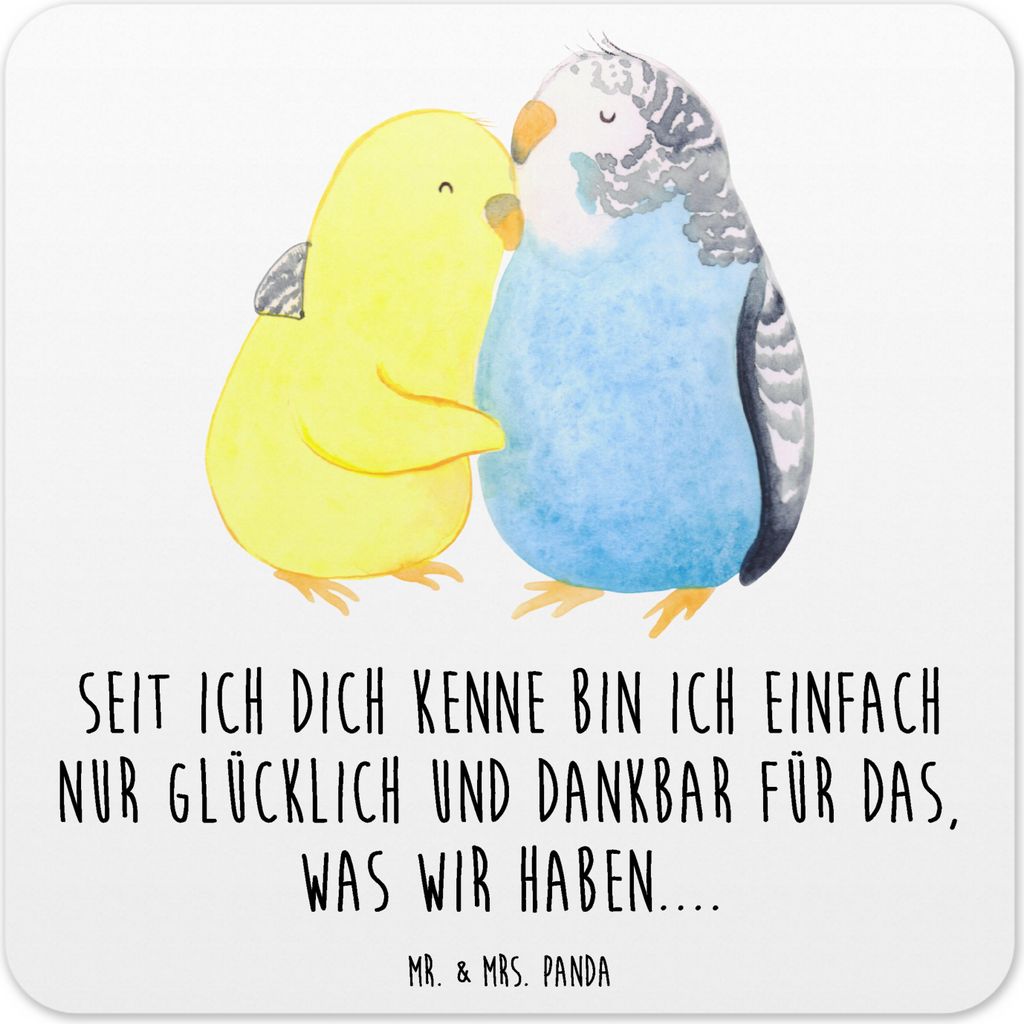 Mr. & Mrs. Panda Tischuntersetzer Wellensittich Liebe 10er Set - Weiß - Geschenk, Untersetzer Tassen, Freundin, Glas-Untersetzer, Gläser, Kuschel...