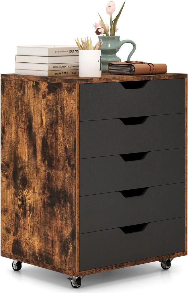 Rollcontainer mit 5 Schubladen - Schubladencontainer fürs Büro - Feststellbare Rollen - Unter dem Schreibtisch - Holz - Druckerständer - Braun