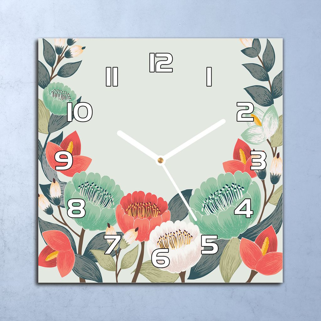 Deko Glasuhr Wanduhr 30x30 Frühlingsblumen Quarz Küchenuhr Bürouhr