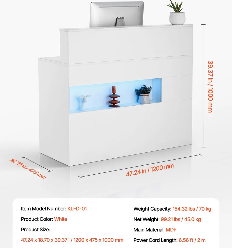 Banque de réception design avec éclairage LED et tiroirs de rangement