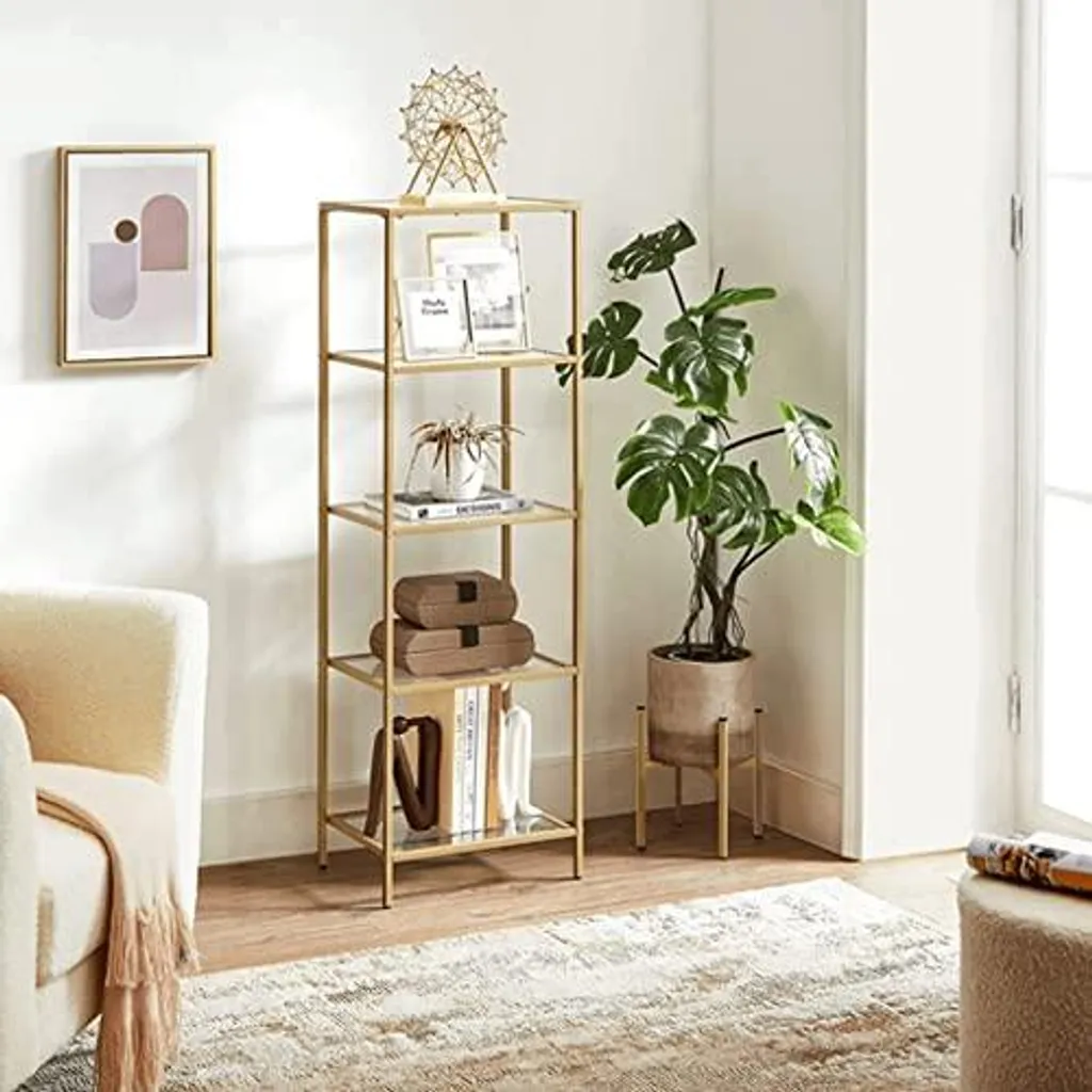 Étagère 5 niveaux verre et or stable, finit le désordre avec 10 kg de charge