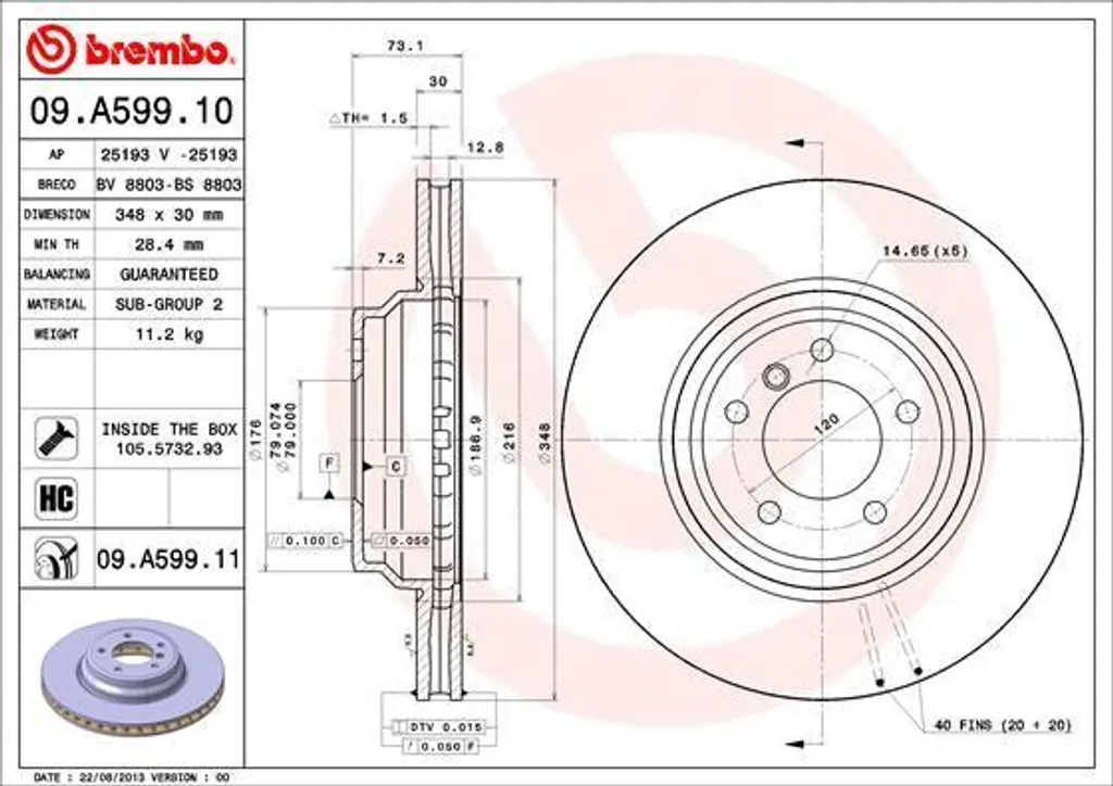Disque de frein avec protection UV Brembo 09.A599.11 pour Série 3 E91