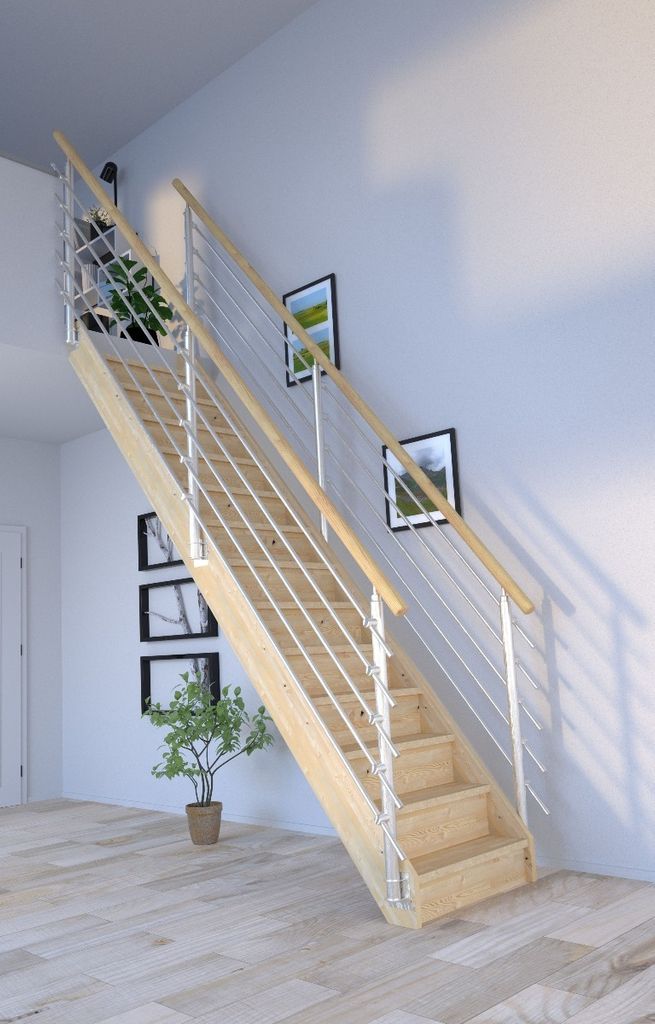 Holztreppe Korfu gerade-Design Geländer Edelstahl-beidseitig-mit Setzstufen