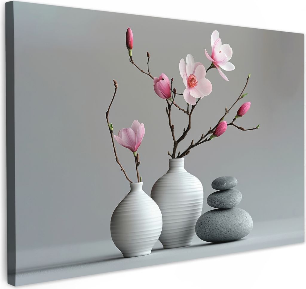 MuchoWow - Leinwandbilder - Magnolie - Blumen - Rosa - Zen-Steine, Wandbild, Wanddeko Bilder Wohnzimmer, 120x80 cm