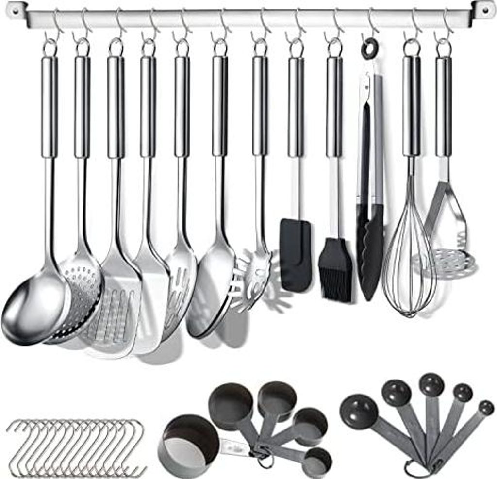 Berglander Küchenutensilien Set 38 teilig, Edelstahl Kochgeschirr Set, Küchenhelfer Kochgeschirr mit Utensilienhalter und Haken zum Aufhängen Sp...