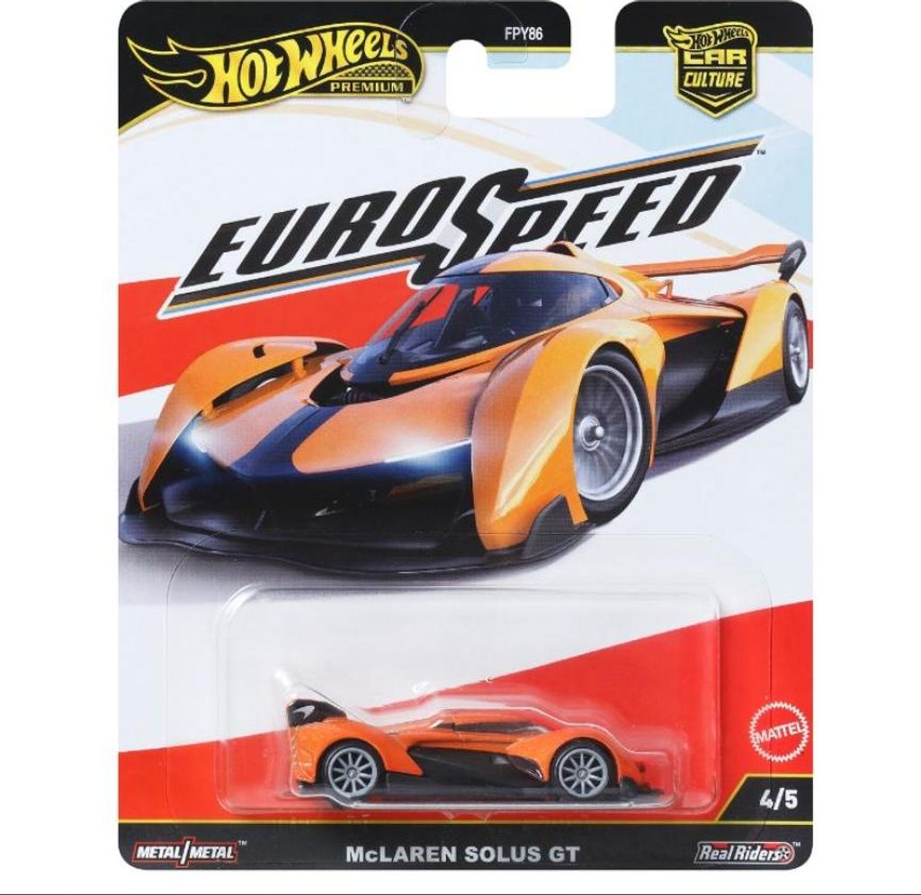 Hot Wheels Premium Car Culture Spielzeugauto im Maßstab 1:64 Druckguss McLaren Solus GT Eurospeed Fahrzeug mit echten Riders Reifen