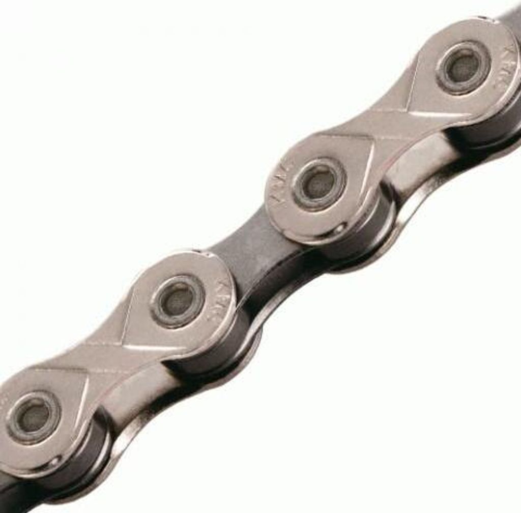 A close-up, detailed shot of a bicycle chain against a white background.