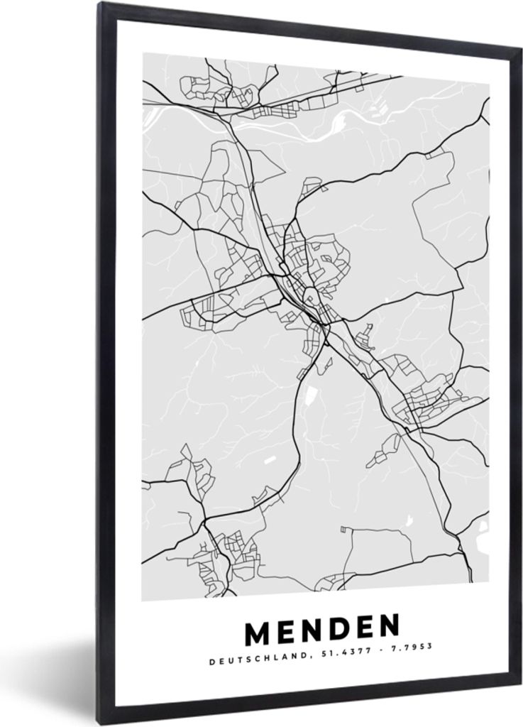 MuchoWow Gerahmtes Poster Karte - Deutschland - Menden - Stadtplan 40x60 cm - Poster mit Schwarzem Bilderrahmen Wandposter Rahmen Foto Bilder - P...