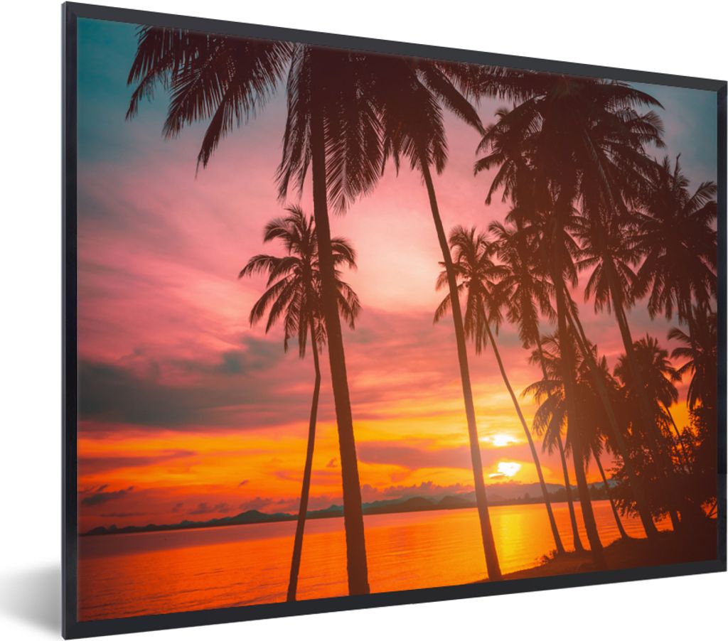 MuchoWow Gerahmtes Poster Meer - Palme - Sonnenuntergang - Strand - Silhouette 40x30 cm - Poster mit Schwarzem Bilderrahmen Wandposter Rahmen Fot...