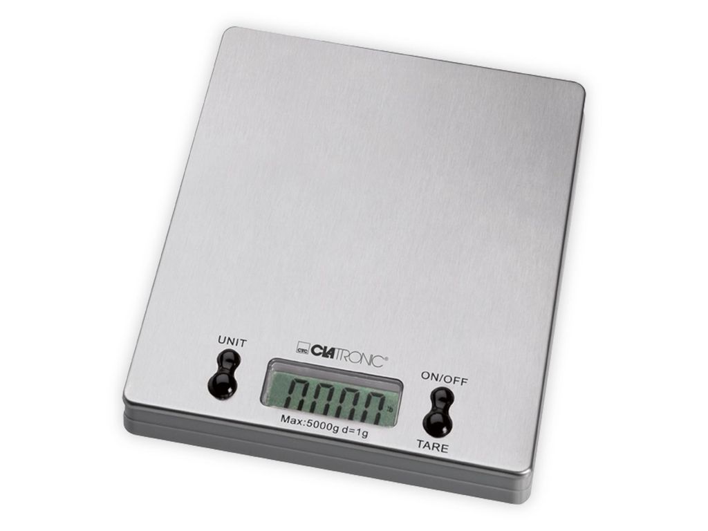 Clatronic Edelstahl-Küchenwaage KW 3367 edelstahl | Extra flache digitale Küchenwaage | Abschaltautomatik | Messbereich bis 5 kg; 1 g Einteilung